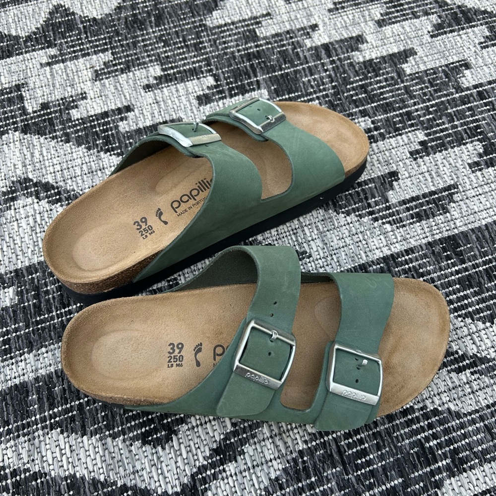 Birkenstock Papillio Platform Olive Sandals with Silver Buckles